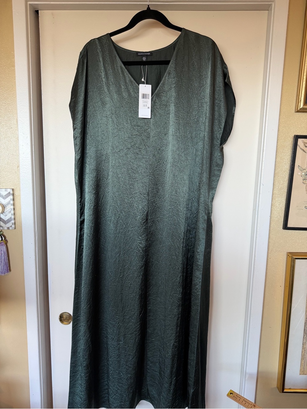 Eileen Fisher Olive Green V-Neck Satin Maxi Dress